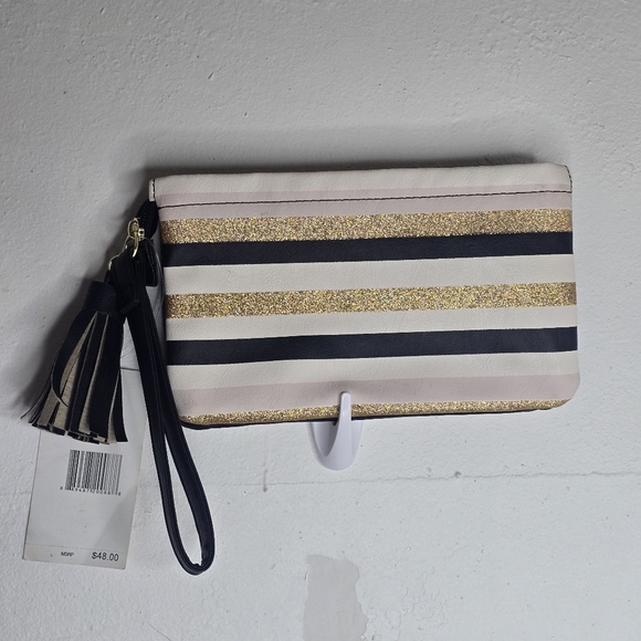Luv Betsy By Betsy Johnson Wristlet Wallet Clutch Black White Tan Gold Sparkle - Picture 4 of 4